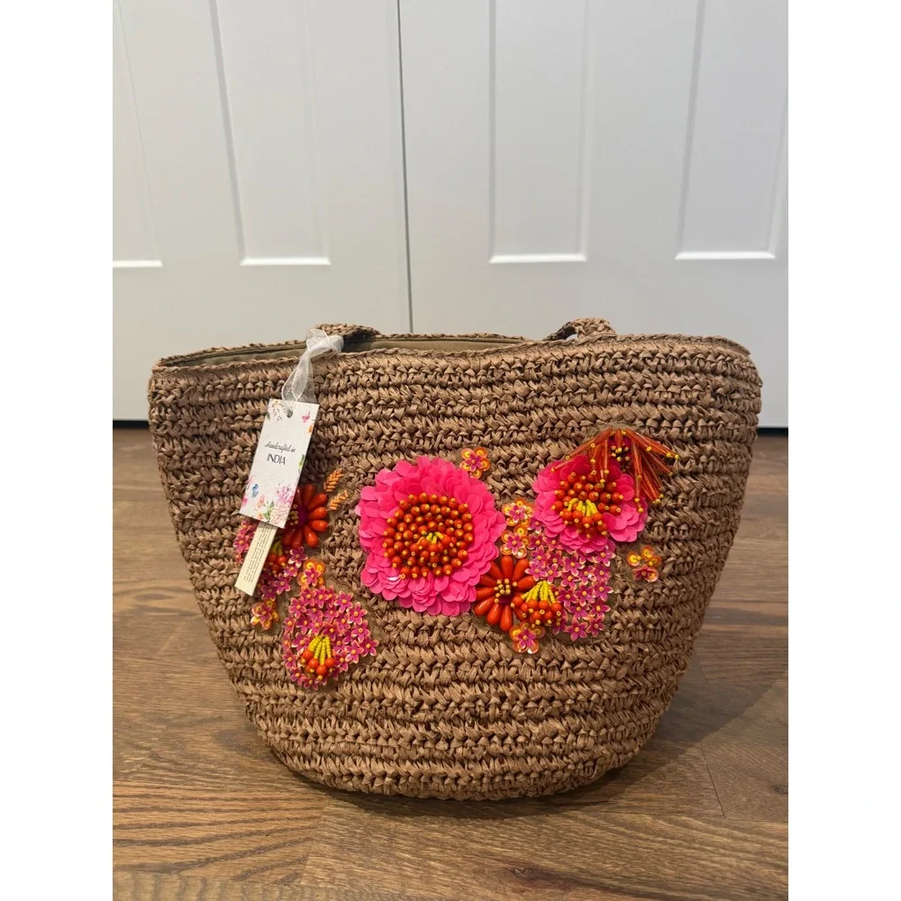 New Anthropologie Handcrafted Woven Straw Floral Beaded Sequin Tote Bag Tan Pink